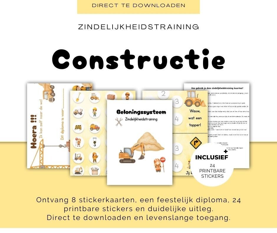 Zindelijkheidstraining Stickerkaarten – Constructie Thema (8 kaarten + diploma + printbare stickers