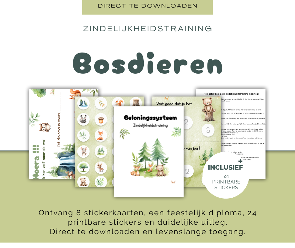 Zindelijkheidstraining Stickerkaarten – Bosdieren Thema (8 kaarten + diploma + printbare stickers