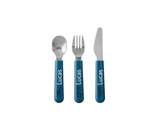 Jungle kinderbestekset (blauw) + naam