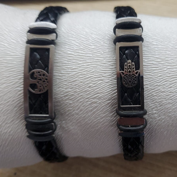 Bracciali uomo in caucciu con inserto in acciaio fiore della vita o mano di fatima