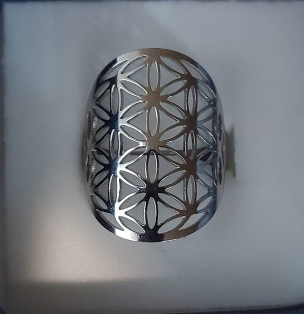 Anello in Acciaio Free Nichel Regolabile con Fiore della Vita