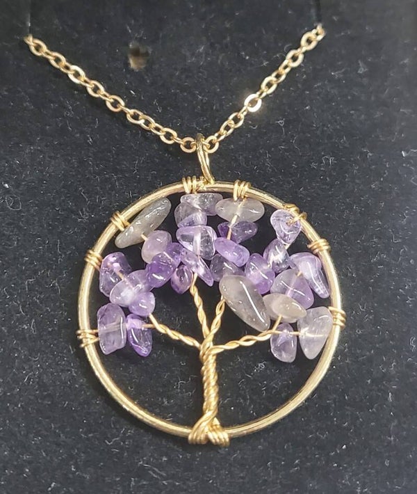 Collana in acciaio free nichel con pendente albero della vita e ametista