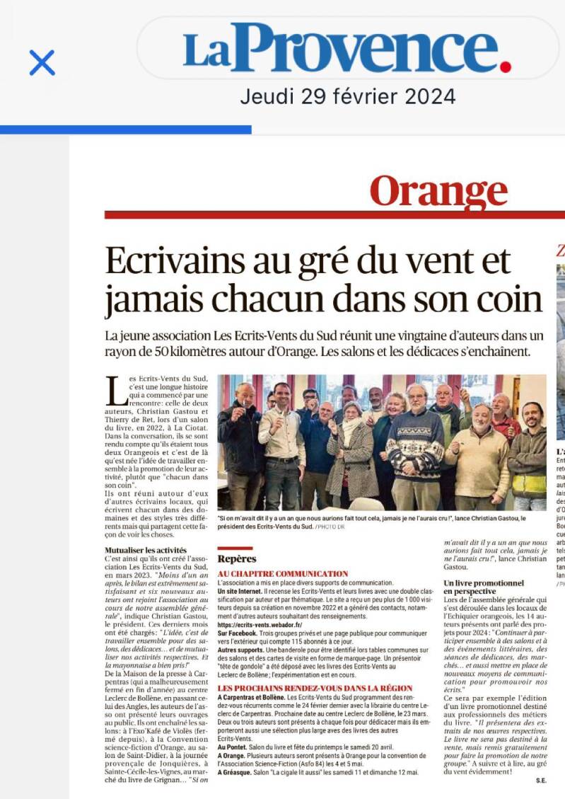 Article de Presse La Provence sur l'association d'auteurs locaux Les Ecrits-Vents du Sud 