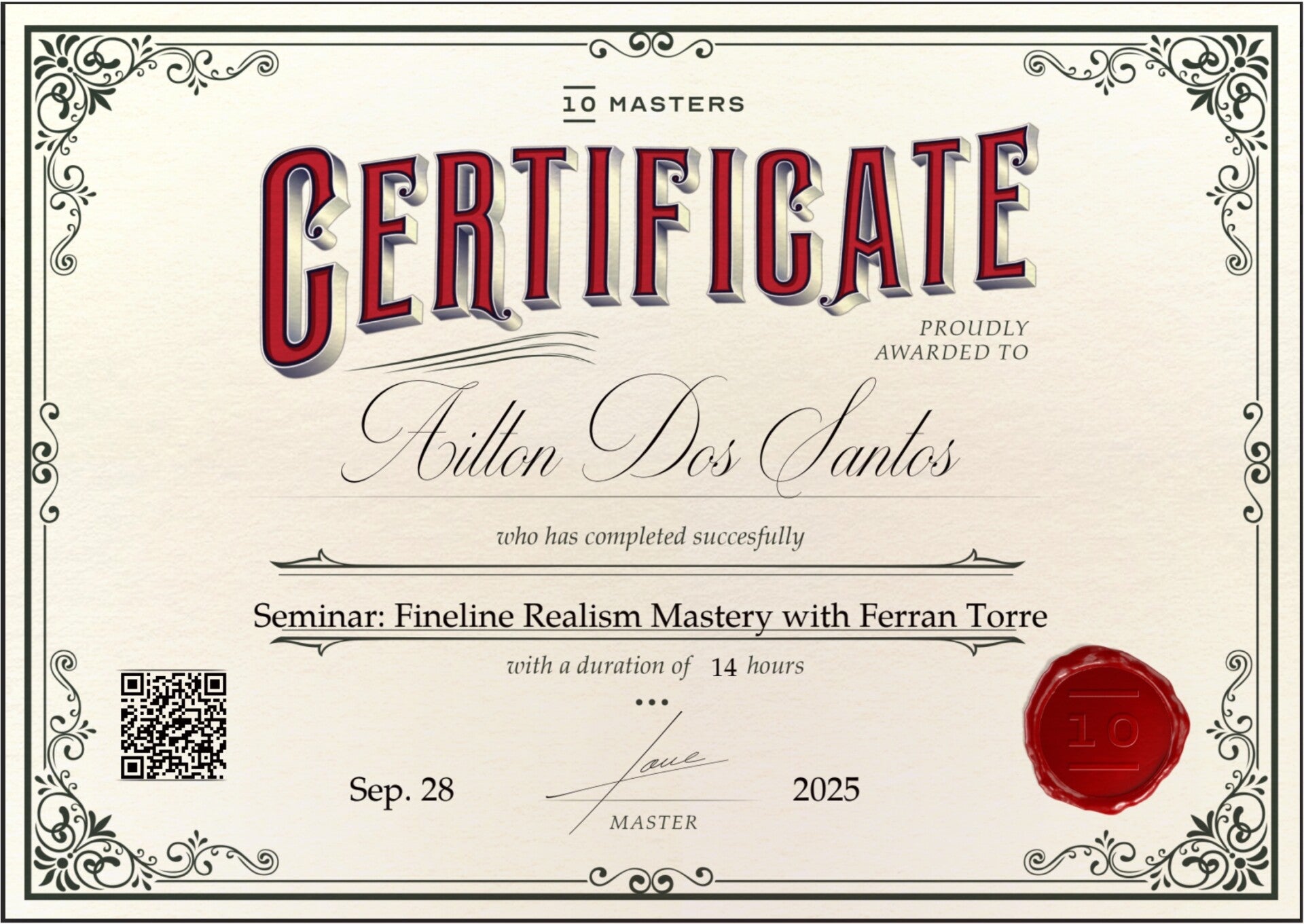 10 Masters Fineline Realism Mastery certificaat van Ailton Dos Santos