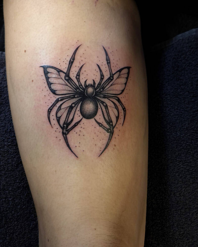 Spin met vlindervleugels tattoo op het been, zwart lijnwerk en dotwork