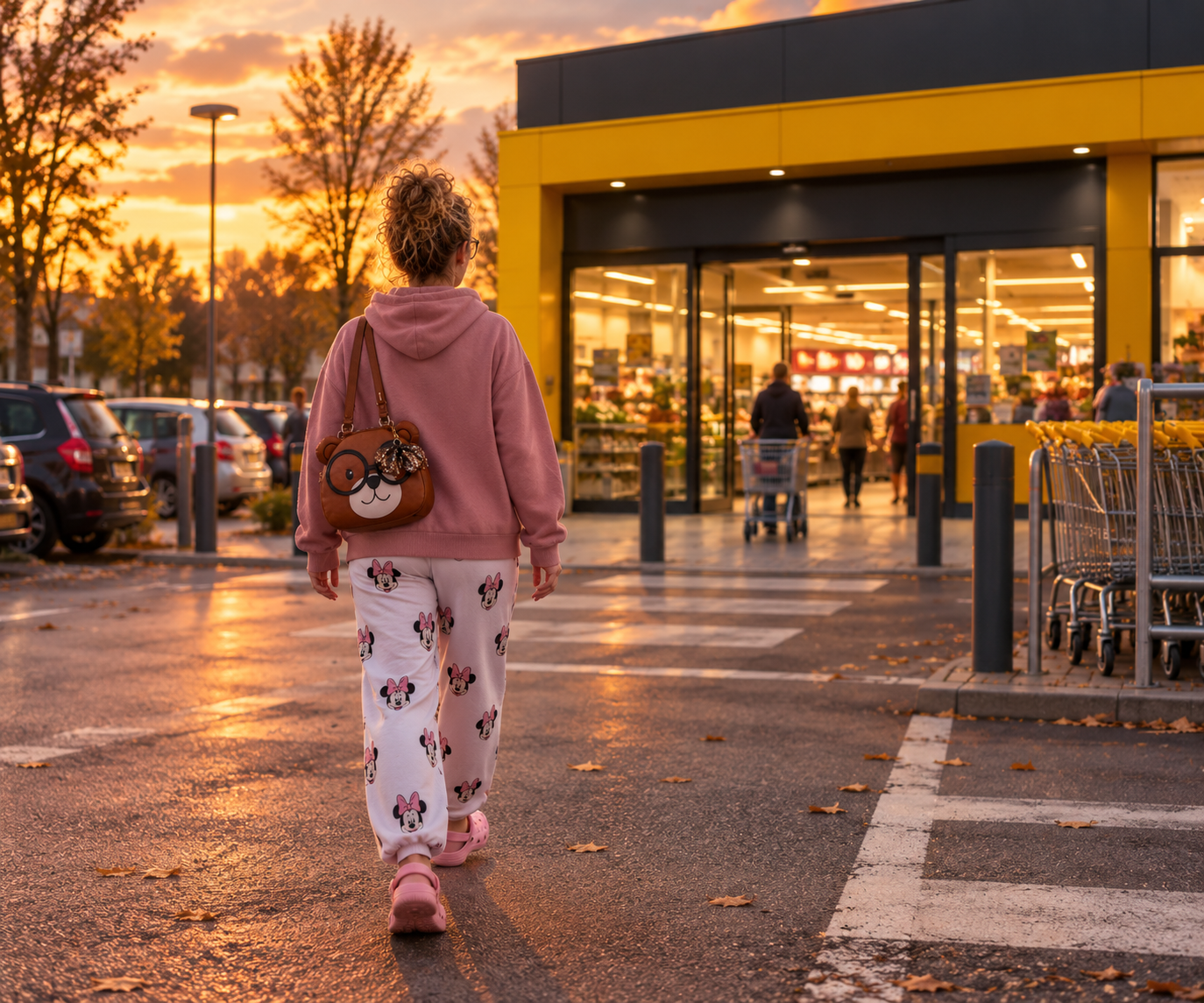 Desirée van achteren, in oudroze hoodie, witte Minnie-pyjamabroek, roze Crocs en met haar berentas, onderweg naar de supermarkt.
