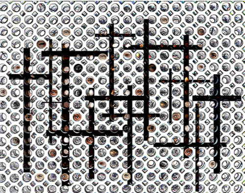 Ursula Etzlinger-Staf / Grafik/ Durchblick,  Sicht nur durck Gitter und Kreuze, Deutet auf  Corona - Verstorbene und Corona Maßnahmen, Collage und C-Print 