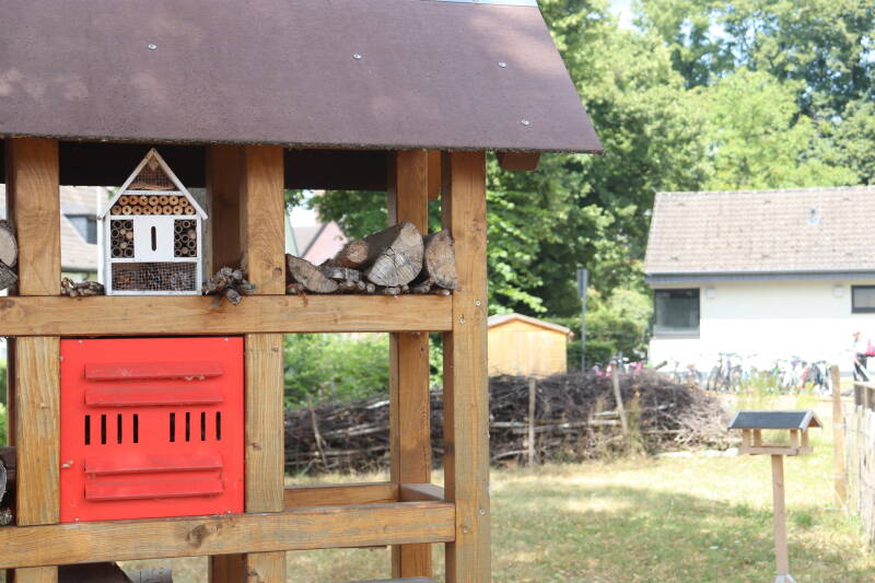 Insektenhotel und Benjeshecke im Hintergrund