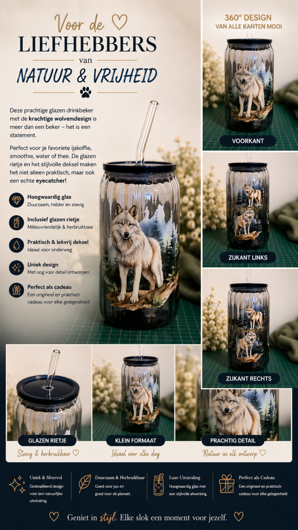 Majestic Wolf – Glazen Drinkbeker met Glazen Rietje
