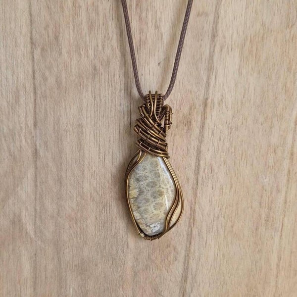 Wire wrapped Fossiel Koraal hanger (handgemaakt)