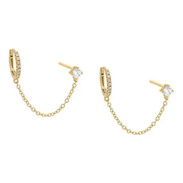 CZ Solitarie Stud X Huggie Chain Earring