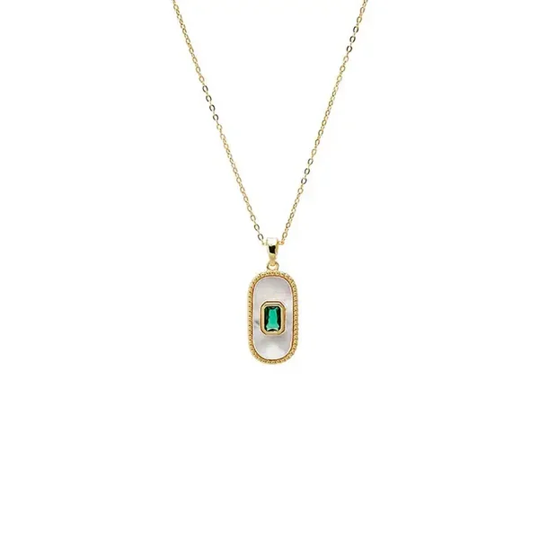 Green CZ & Mother Of Pearl Elongated Dog Tag Necklace