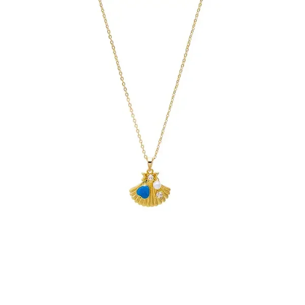 Turquoise, Pearl & CZ Seashell Pendant Necklace