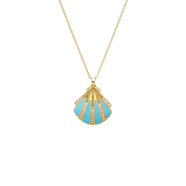 Turquoise Enamel & CZ Seashell Pendant Necklace