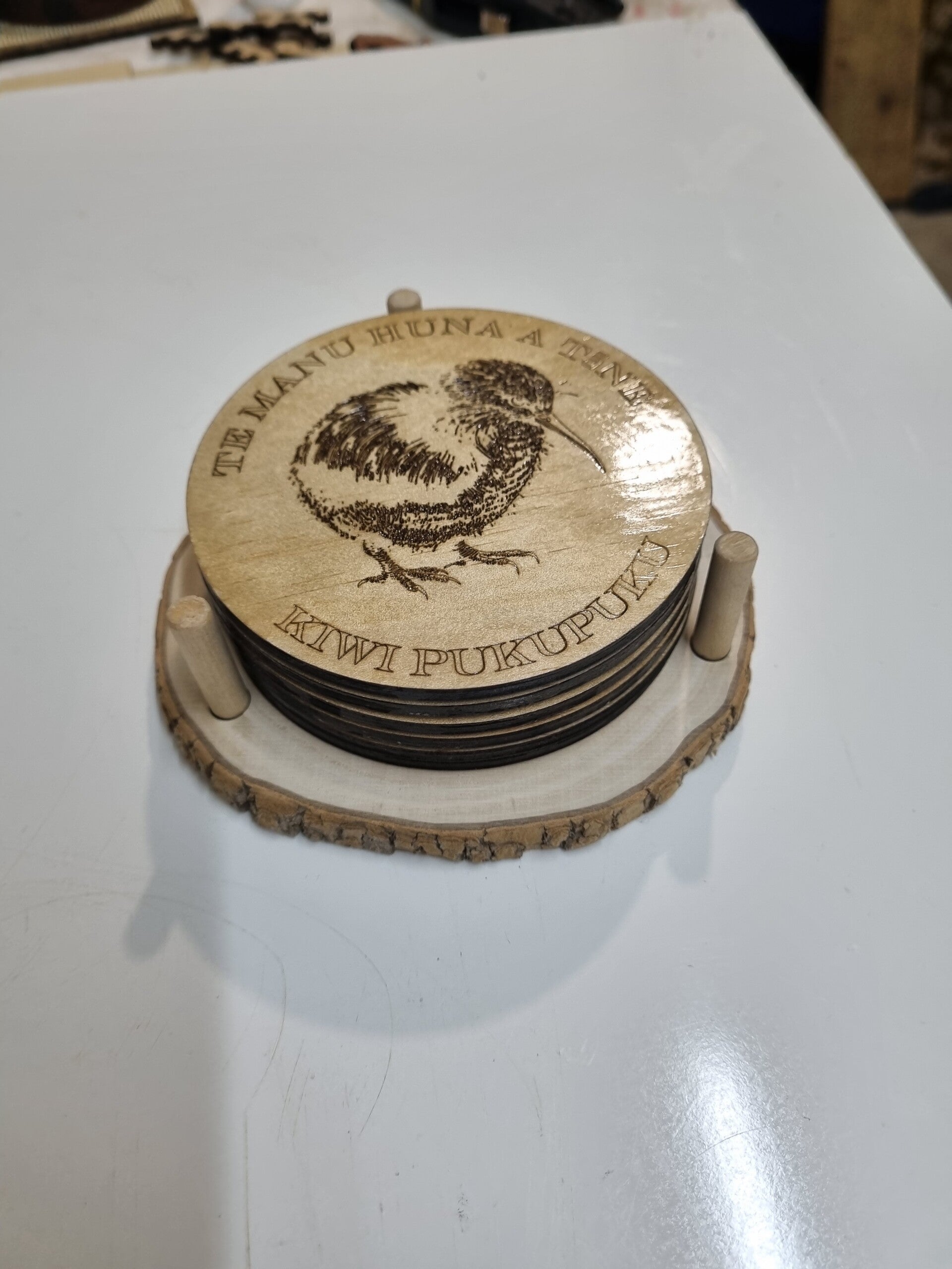 Set of 6 Premium Wooden Coasters Featuring Laser-Engraved Native NZ Birds – Includes Custom Holder