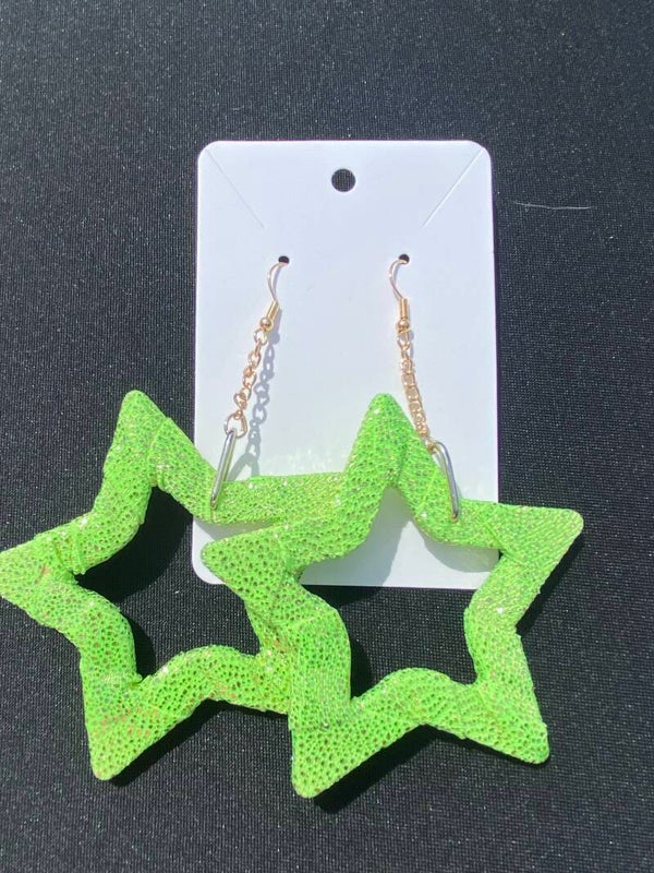 Neon Green Sparkle Star Earrings