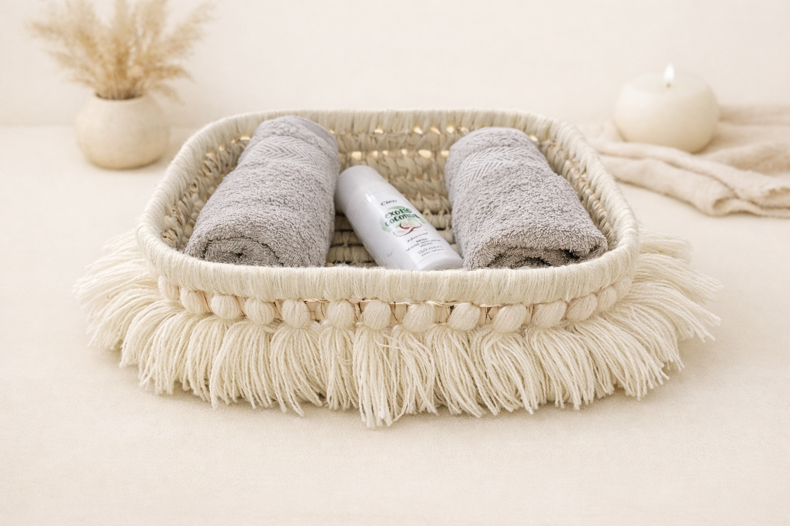 Panier déco bohème à franges – Fait main – Palmier - 27cm x 30cm