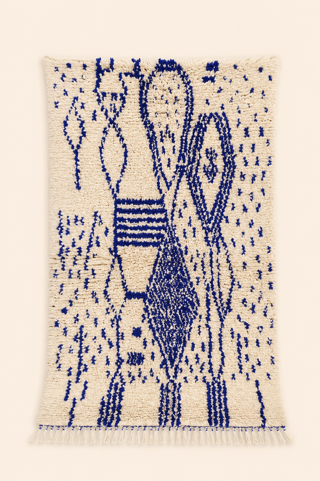 Tapis berbère Azilal Nébula – Motifs graphiques bleus – Fait main – 144 × 92 cm