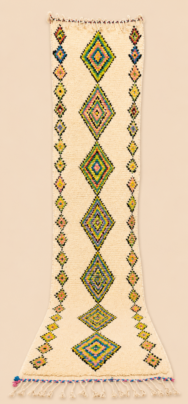 Tapis de couloir berbère Zahrina – Laine naturelle – Fait main - 294cm x 75cm