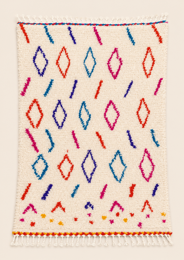Tapis berbère Azilal Azalya – Pièce unique aux motifs colorés – Fait main – 138 × 96 cm