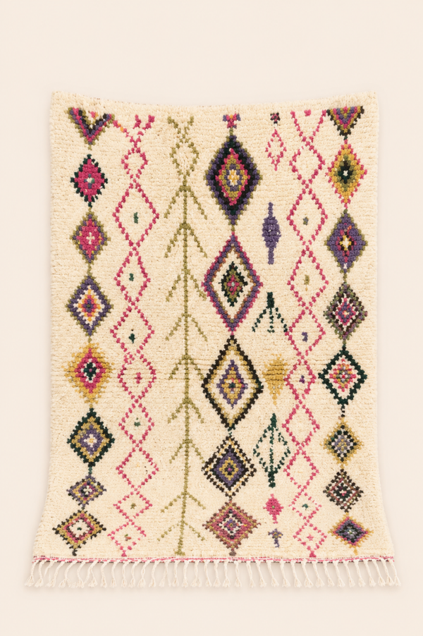 Tapis berbère Azilal Mélina – Pièce unique en laine épaisse – Fait main – 138 × 112 cm