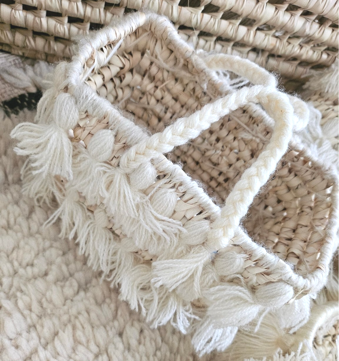 Mini panier bohème à franges – Fait main – Palmier - 11cm x 18cm