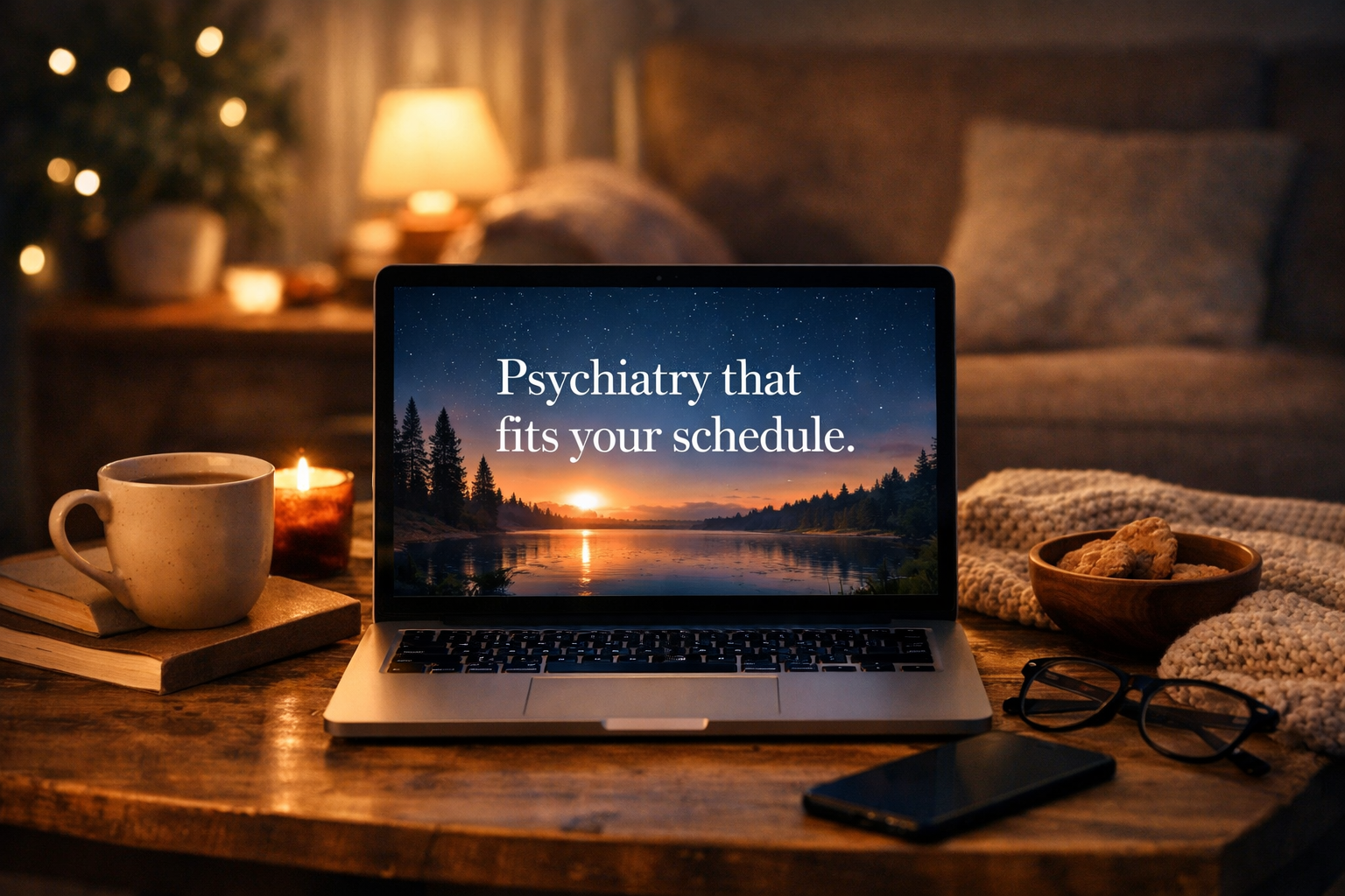 Professional woman attending an evening telehealth psychiatry appointment on a laptop from home.