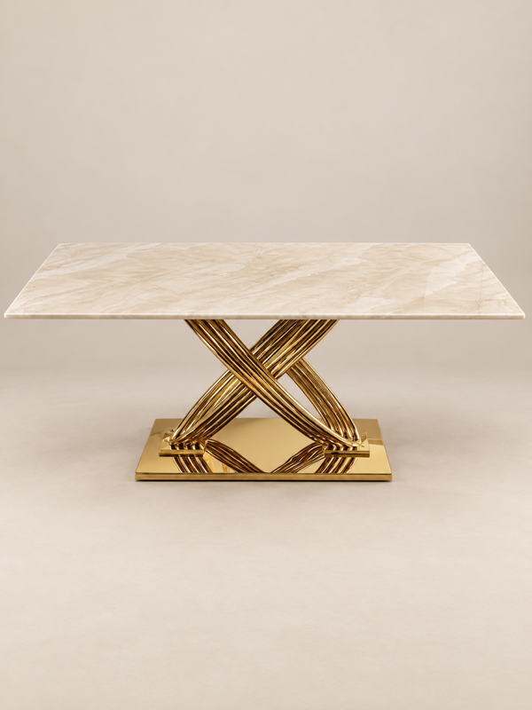 Beige marmeren eettafel 180 × 90 cm met goudkleurig RVS onderstel – Hotel chic