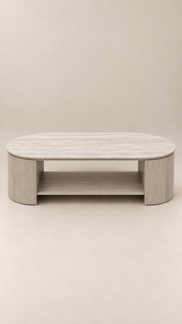 Japandi salontafel beige met keramisch blad en onderplank – 130 × 70 cm