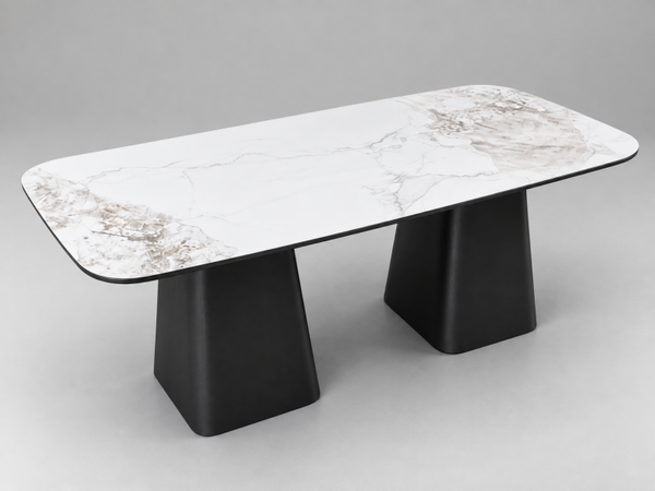 Deens ovale eettafel 180 × 90 cm – glanzend keramiek wit/grijs en zwart houtfineer
