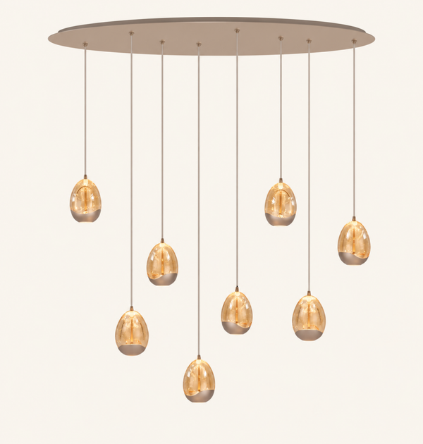 Golden Egg ovale hanglamp – 8 lichts – beige metaal en amber glas – 100 × 30 cm Ovalen plaat