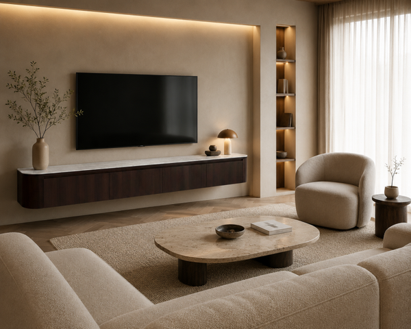 Zwevende tv-meubel - Japandi beige, noten met keramische blad of gebroken wit - 180 en 240cm