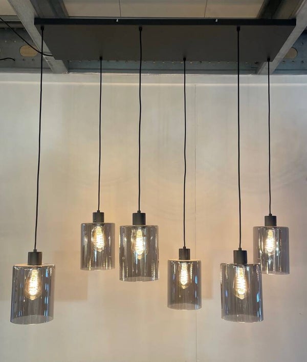 hanglamp Cilinder - 6 lichts - smokey Bulbs - Kuster stijl - 100cm x 30cm - zwart metaal