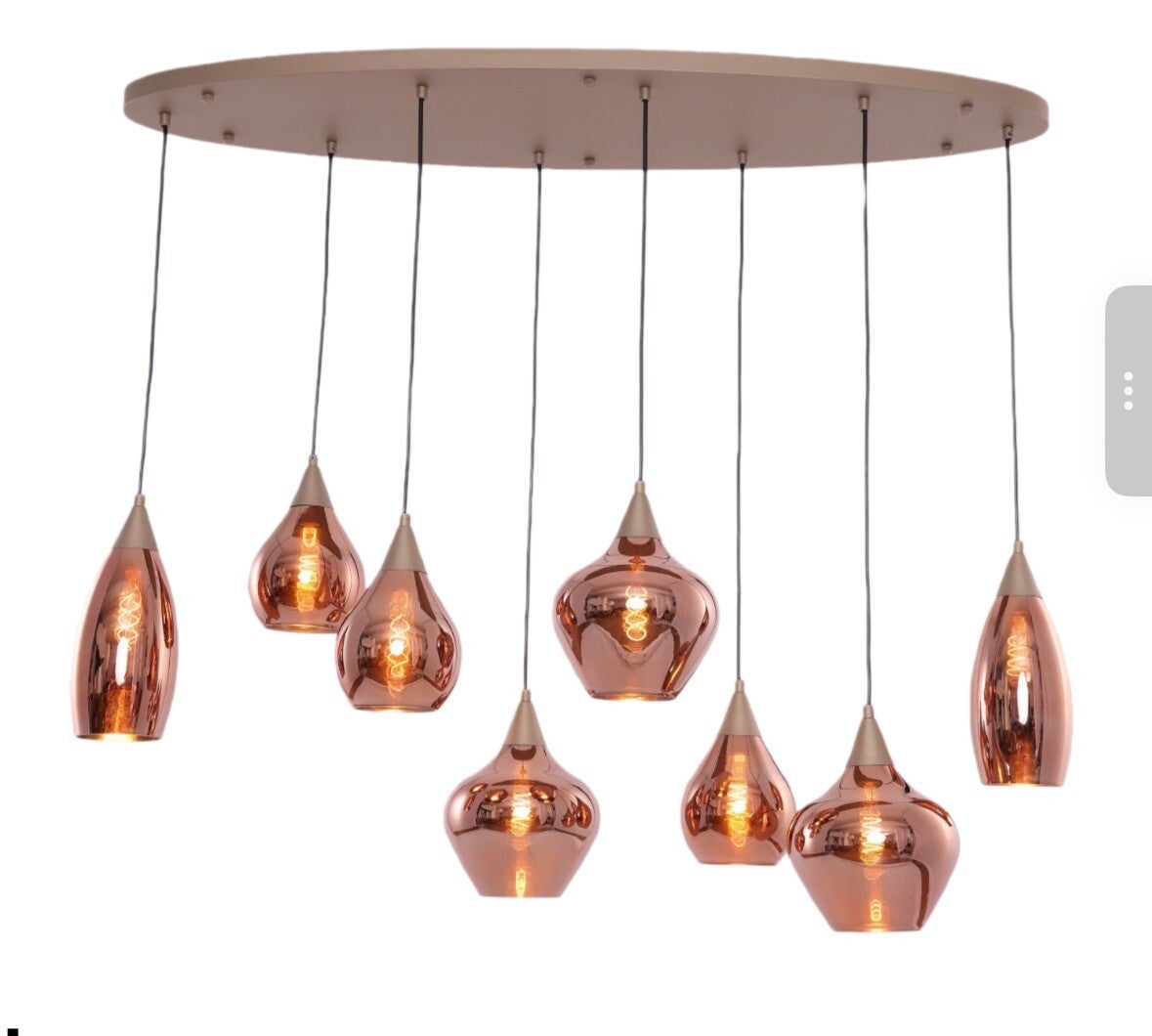 Hanglamp - Mix new form - Bulbs serie -  8 lichts - smoke spiegel glas - ovale ophangplaat 120 x 30cm zwart - max hoogte 185cm