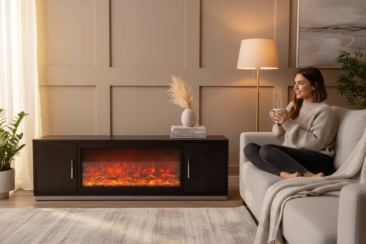 Bonita zwart visgraat - tv meubel - 170cm - met sfeerhaard- 2 deurtjes