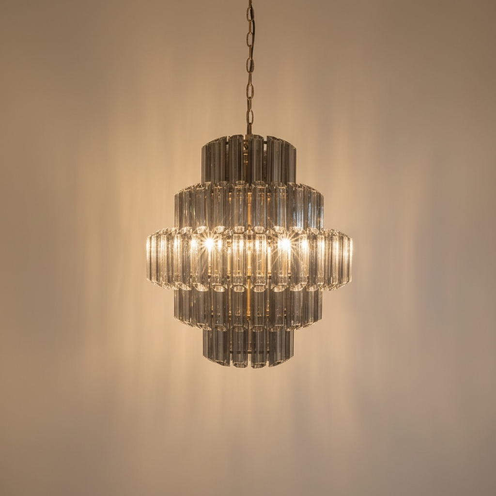 Hanglamp - Kuster stijl - smoke glas met gouden of zilveren frame- 5 lagen - ca 60cm doorsnede