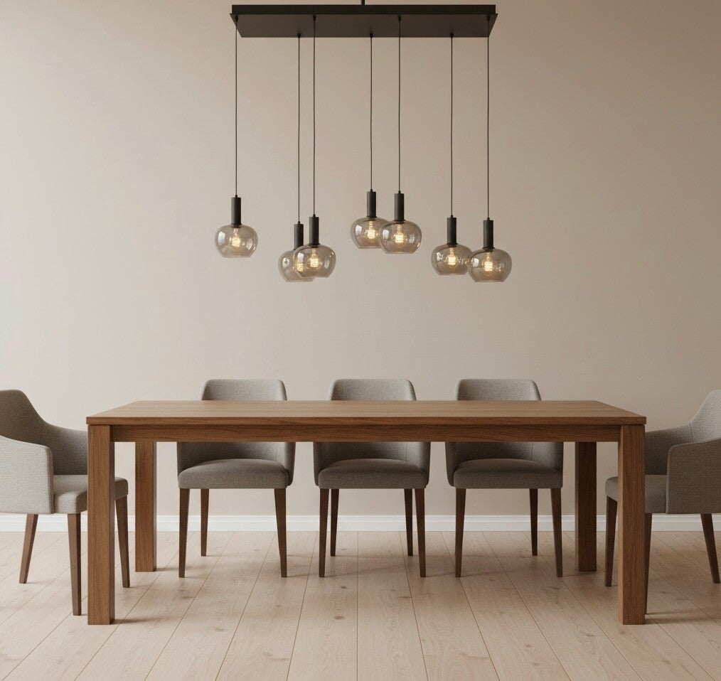 hanglamp 7 lichts - Appel vormig smoke glas - uit de Bulbs smoke glas serie - 120cm x 30cm zwart metalen plaat