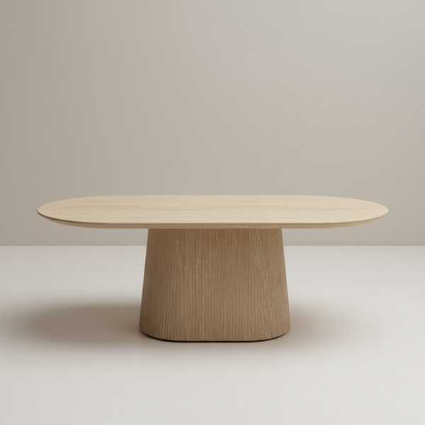 Japandi eettafel beige 180 × 90 cm – Deens ovaal met travertine blad