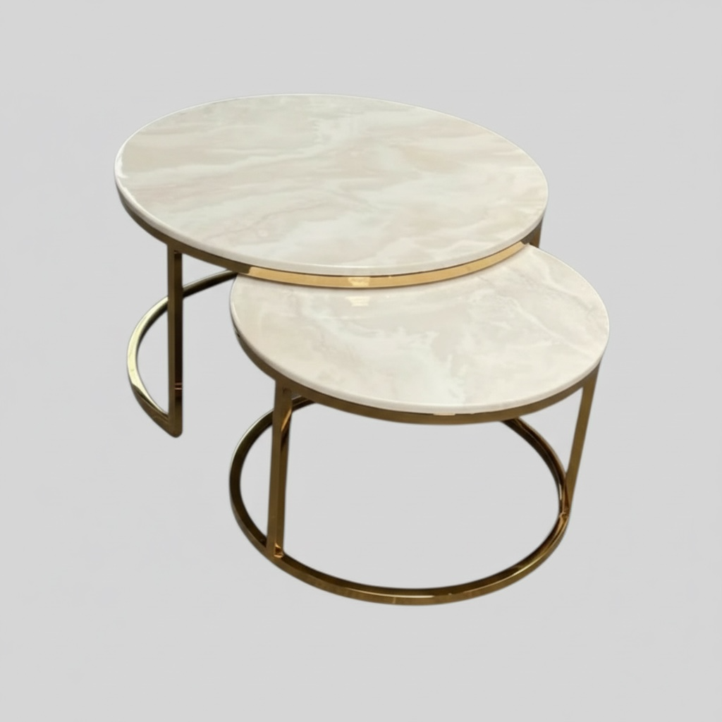 Salontafel set - Doblo - marmer blad - bruin of creme - onderstel zilver of goud - 80cm + 60cm doorsnede