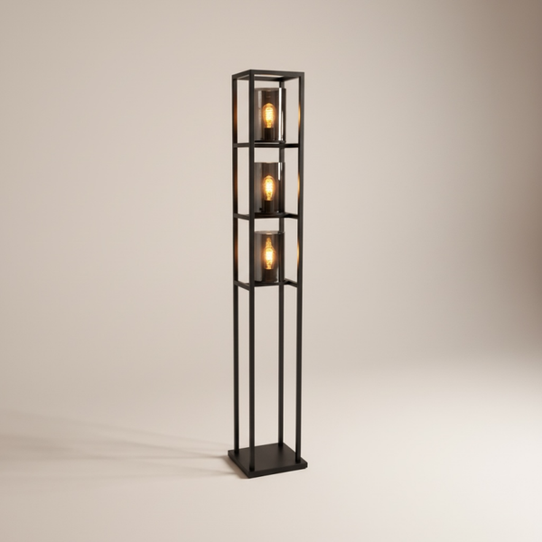 Luxe Zwarte Vloerlamp 185 cm met Smokey Glas en Dimmer | 3-Lichts Design