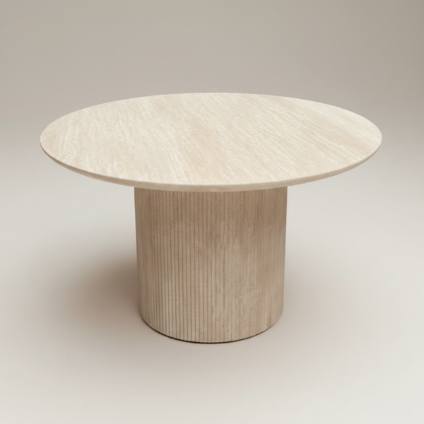 Japandi eettafel - Travertine blad - beige - 130cm rond