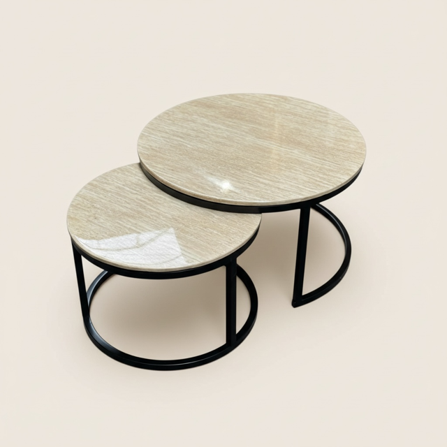 Doblo salontafel set - travertine marmer - zwart of gouden onderstel - 80cm + 60cm