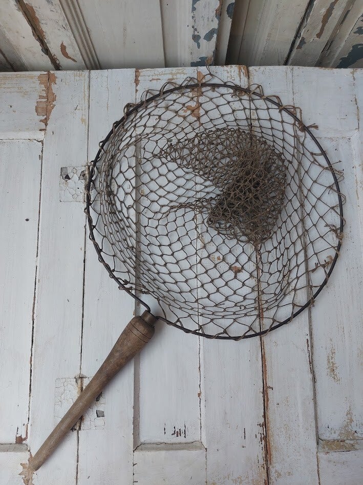 ♠ Antieke schepnet op houten steel