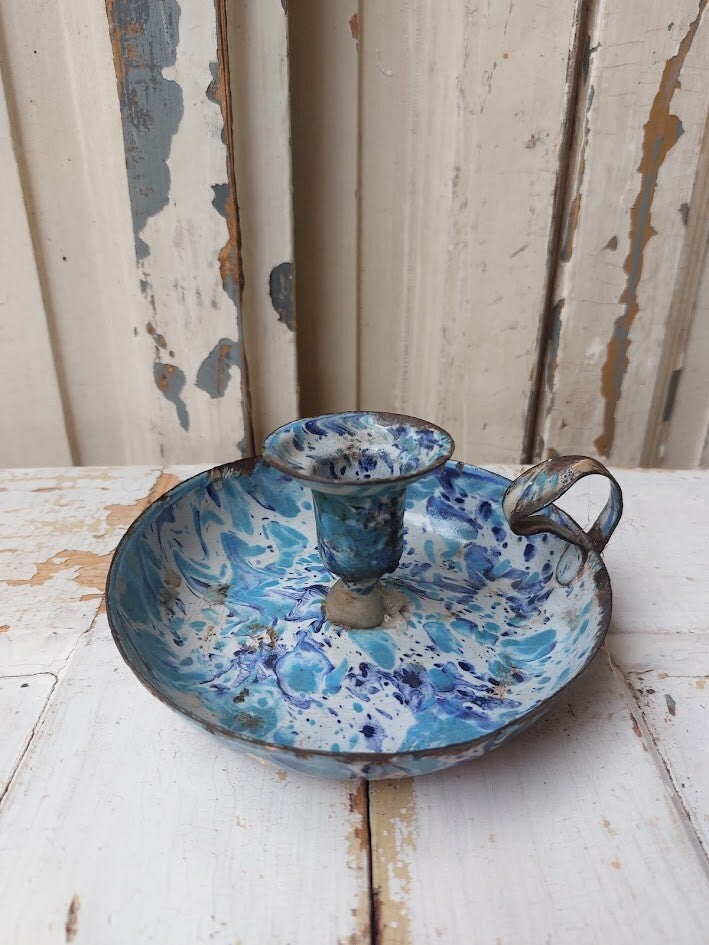 ♠ Antieke blauw en wit geëmailleerde blaker