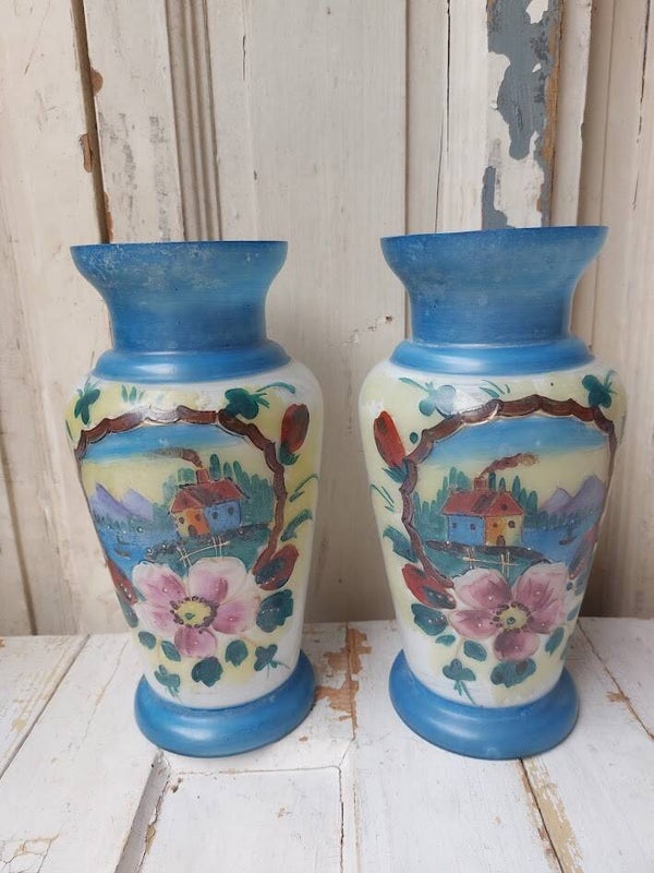 ♠ Antieke Opaline glazen vazen handgeschilderd