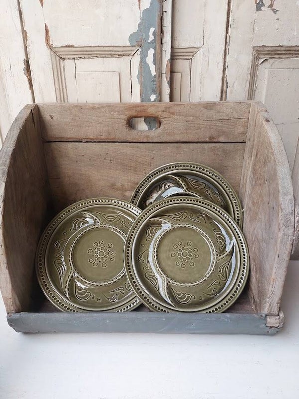 ☻  3 Vintage Franse Vakjesborden – Olijfgroen Reliëf