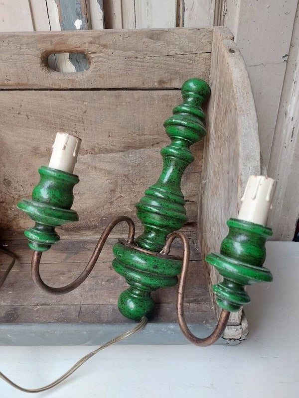 ☻ Vintage Houten Wandlamp – Knalgroen Patina