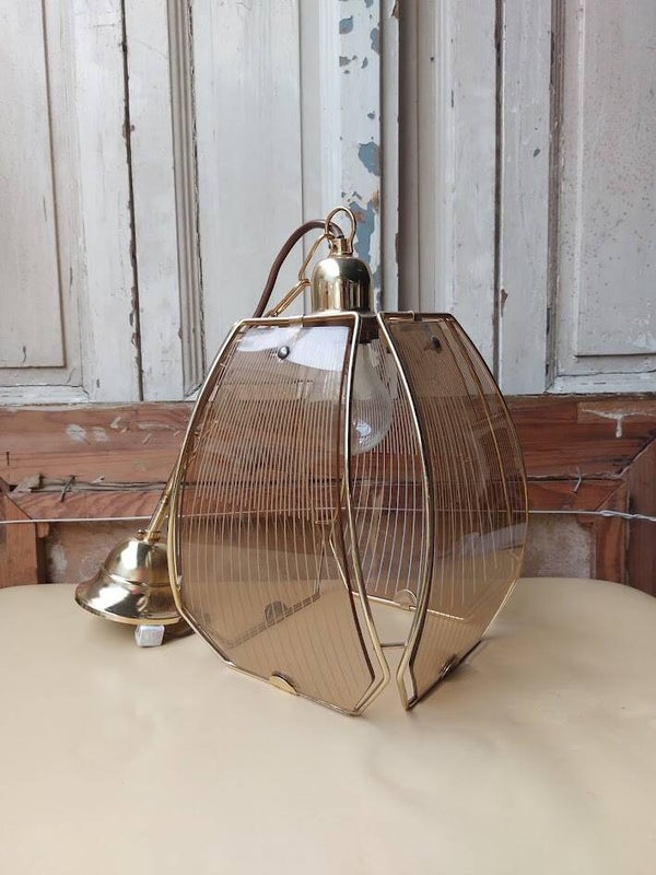 ☻ Vintage Messing Hanglamp met Rookglas Platen – Jaren '70