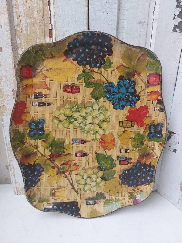 ☺ Vintage Jaren 70 Fiberglass Dienblad – Wijn & Druiven Print (Groot)