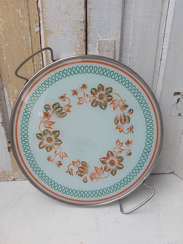 ☺  Vintage Jaren 70 Metalen Taartplateau / Dienblad met Bloemmotief